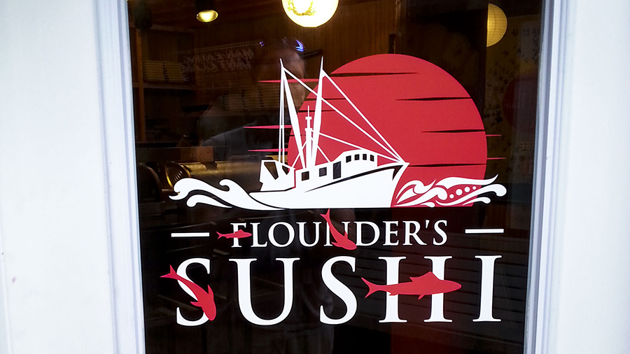 Flounder's Sushi vinyl lettering and decals by Pensacola Sign